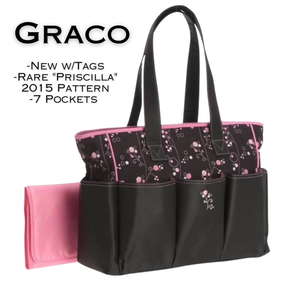 Graco Priscilla Diaper Bag NEW 7 Pocket Black Pink Bubble Floral Print Rare 2011
